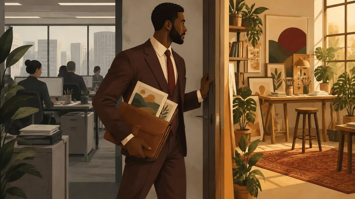 Illustration of a man carrying a portfolio of creative work through a doorway between a corporate office and an independent studio.