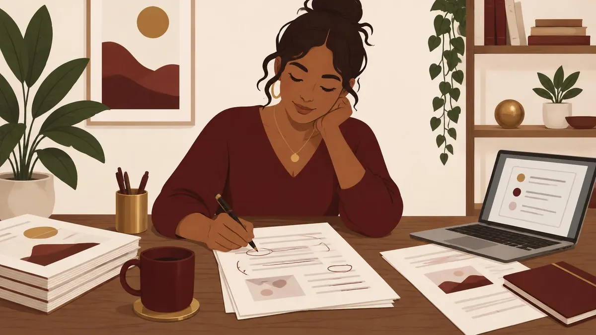 Illustration of a woman editing a printed course workbook by hand, with a laptop showing suggestions set to the side.