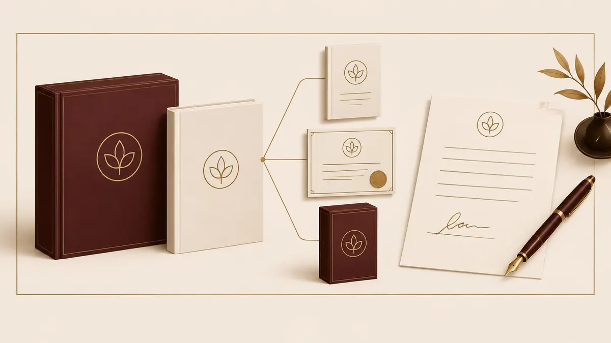 Illustration of a branded program box and workbook connected to licensed materials and a signed agreement, all bearing the same emblem within a defined boundary.
