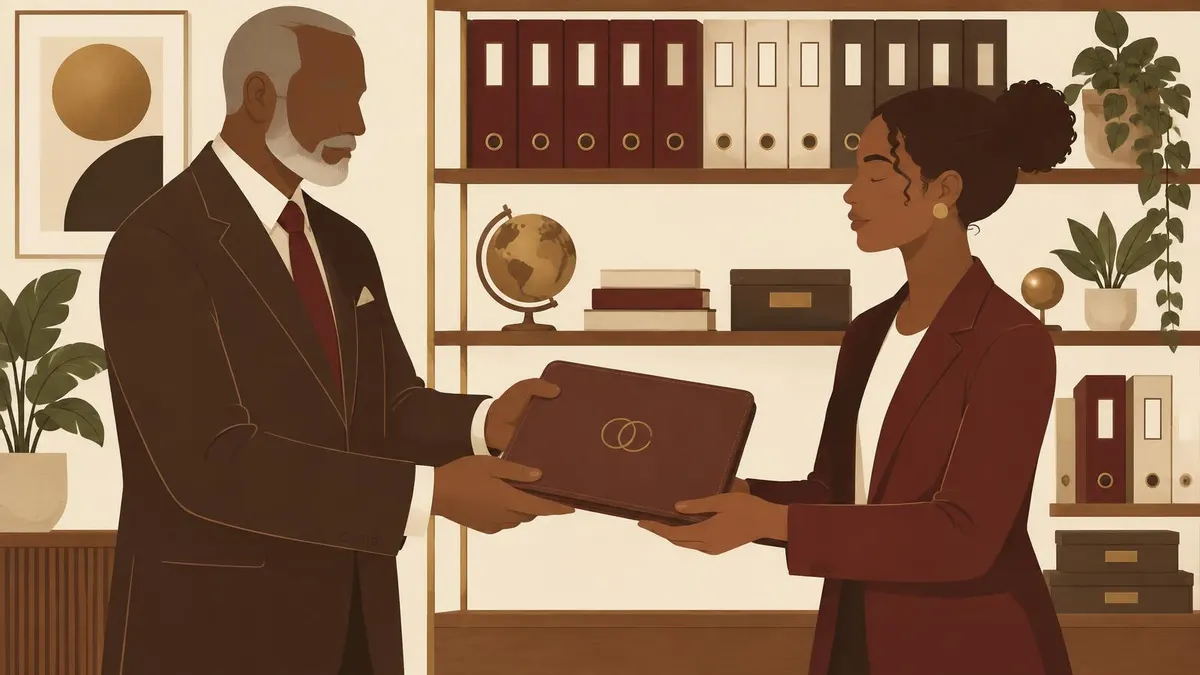Illustration of an older business owner handing an emblem-marked portfolio to a younger successor in front of shelves of organized files.