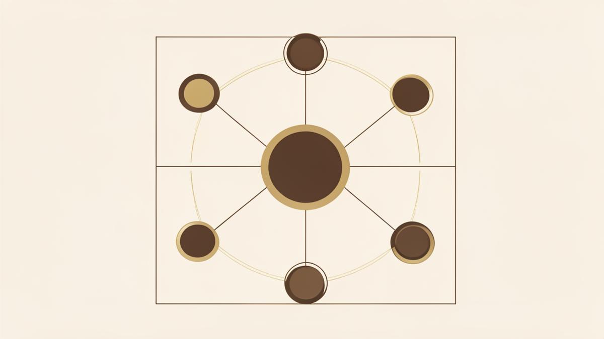 Abstract illustration of a central form connected to controlled satellite forms within a defined boundary, representing licensing and certification under retained control.