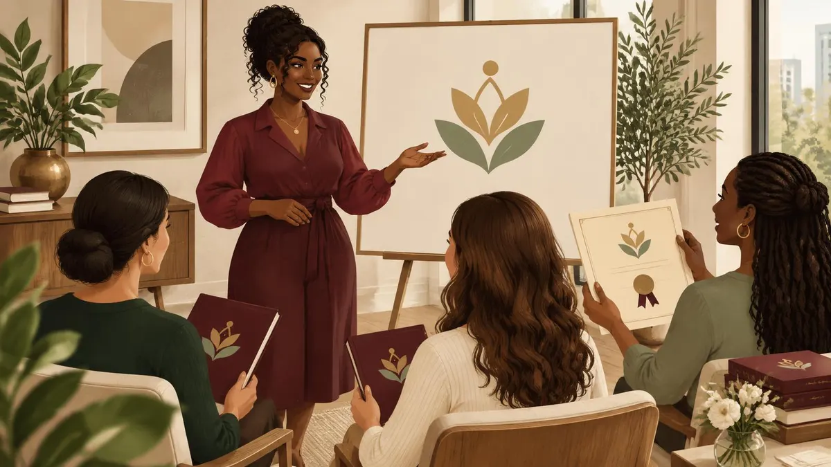 Illustration of a founder presenting her emblem-marked method to trainees holding matching workbooks and a certificate.