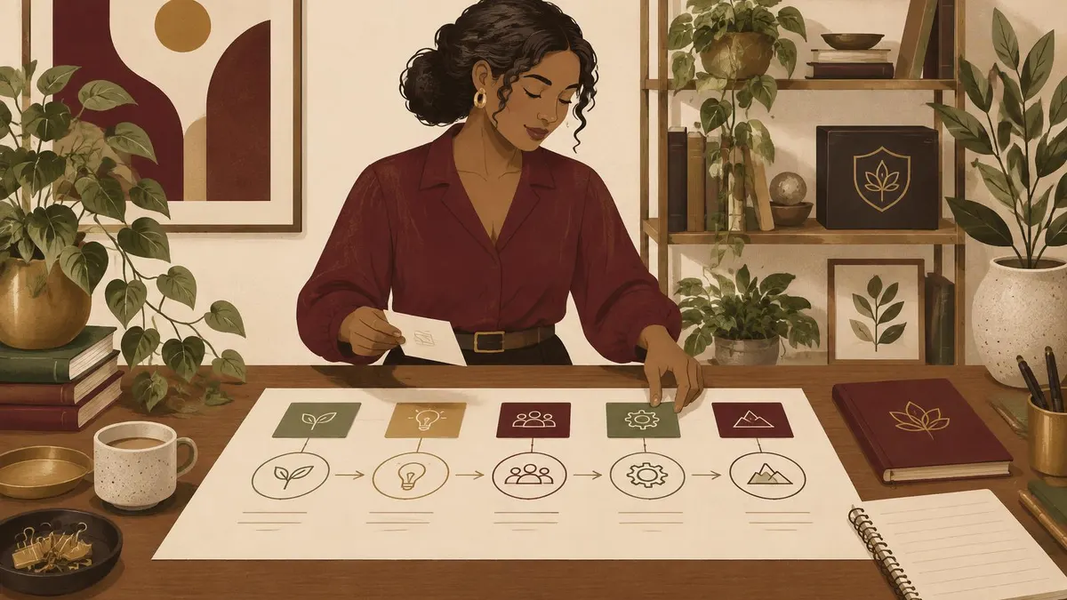 Illustration of a woman arranging a sequence of framework cards and a connected step diagram across her desk.