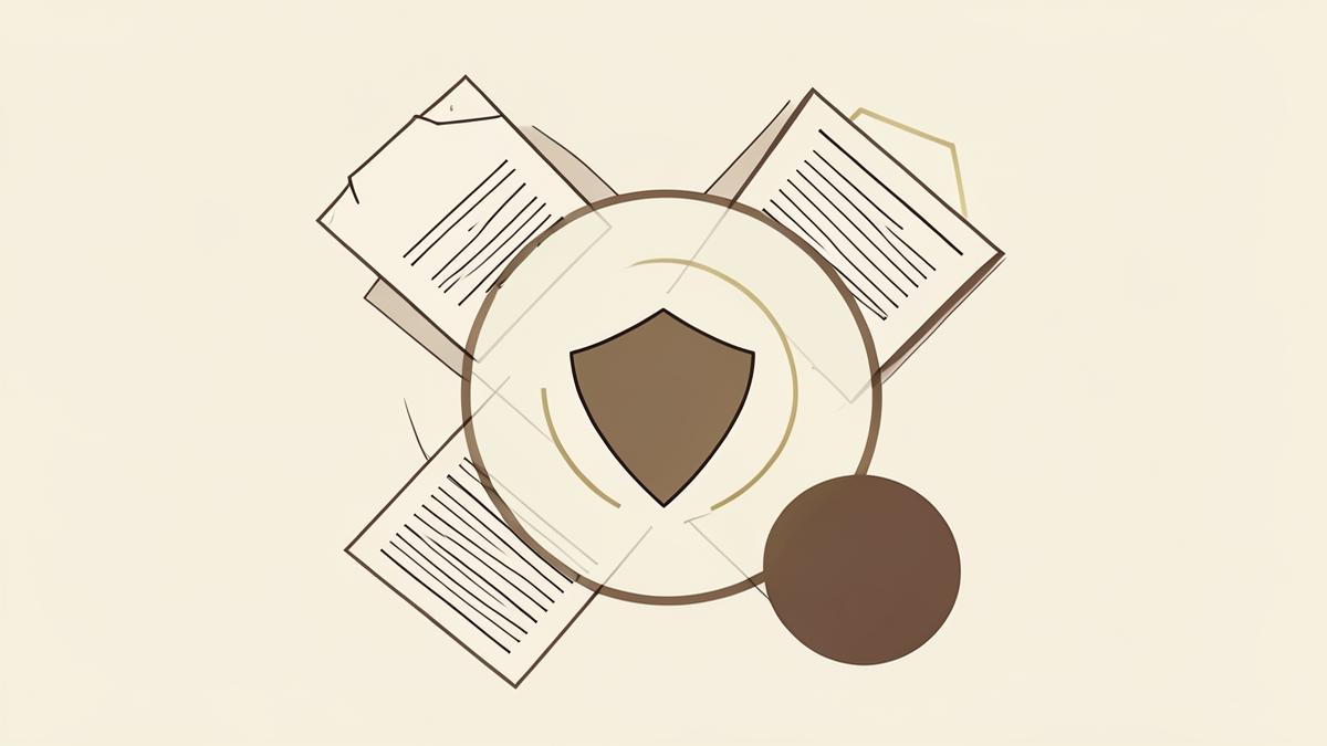 Abstract illustration of several legal instruments converging around one protected central form, representing coordinated protection of a proprietary methodology.