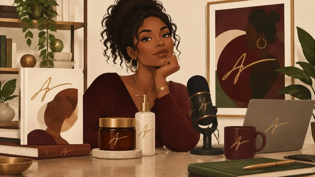 Illustration of a woman creator surrounded by a book, skincare products, a microphone, and a poster bearing her signature mark.