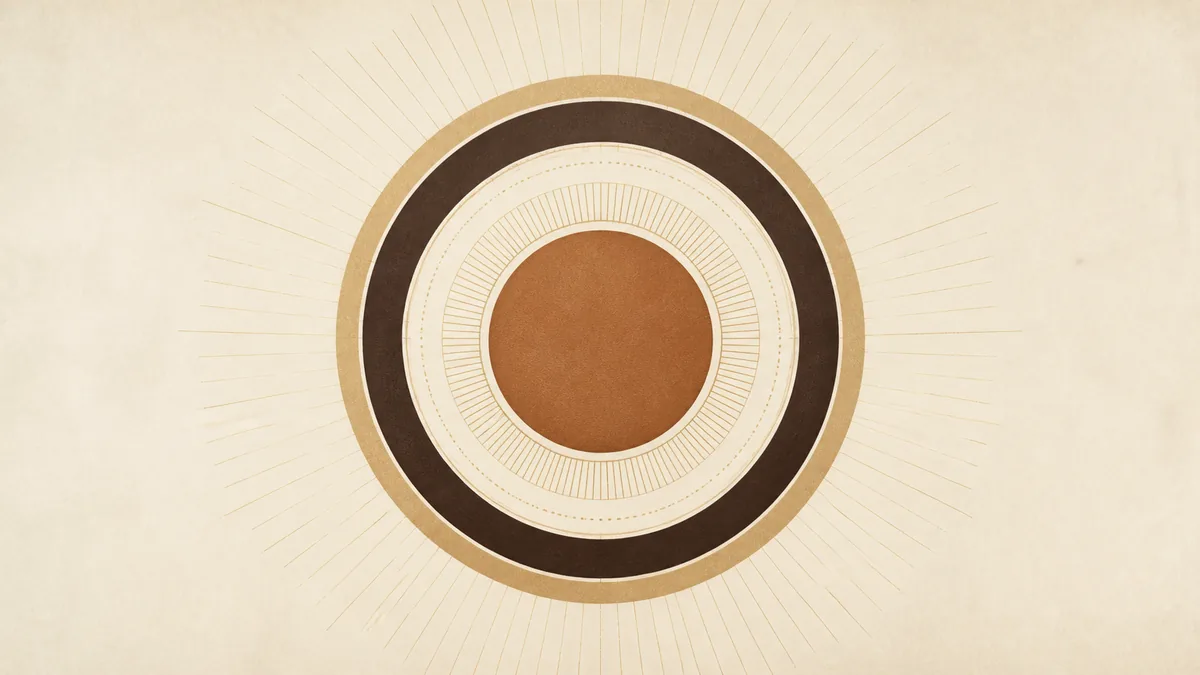 Abstract illustration of a single central form surrounded by protective concentric rings, representing protection of a personal name.