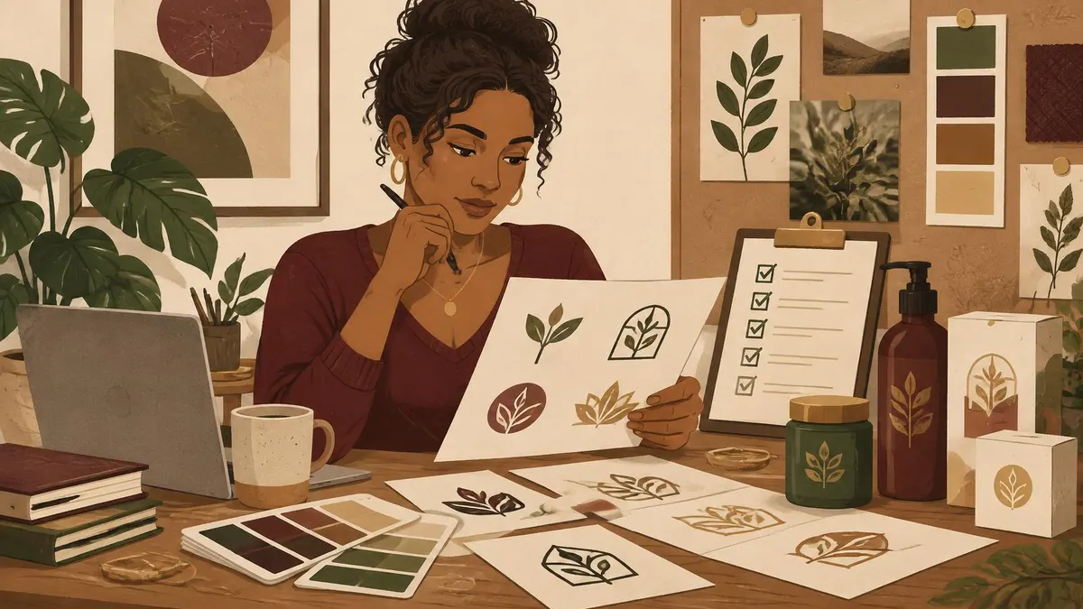 Illustration of a founder reviewing logo sketches, packaging mockups, and a completed checklist before a brand launch.