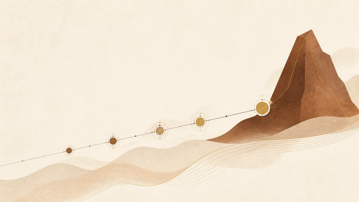 Abstract illustration of sequential checkpoints along an ascending line, representing brand checks completed before launch.