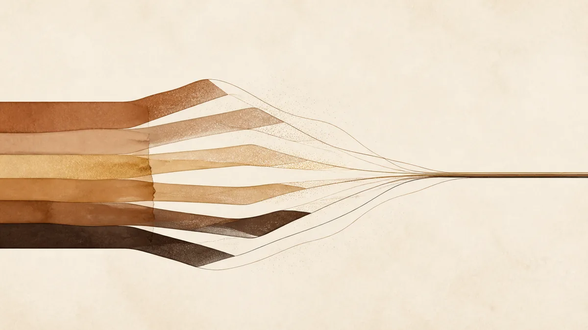 Abstract illustration of stacked strata separating and resolving into one forward line, representing a trademark search completed before filing.
