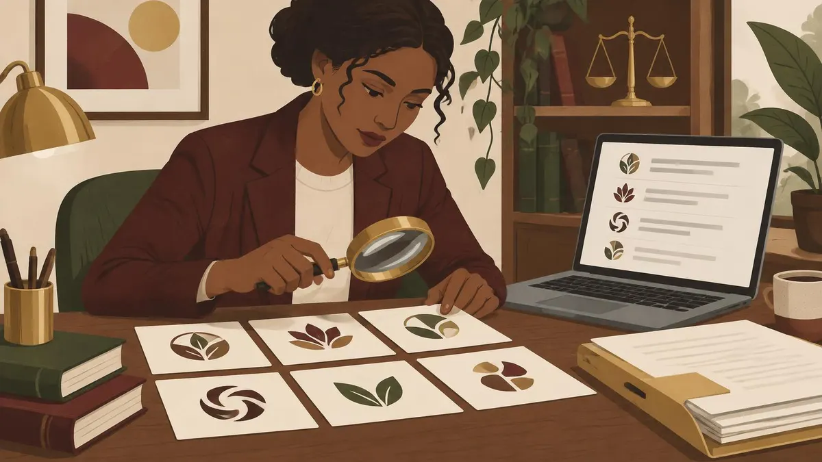 Illustration of a woman comparing similar brand emblems with a magnifying glass beside a laptop of search results.