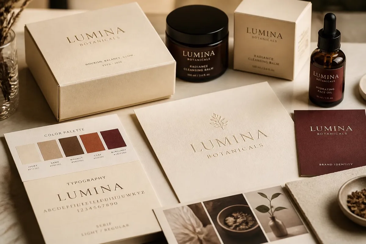 Editorial still life of premium brand packaging, typography specimens, and color palette cards from a sophisticated consumer brand identity system.