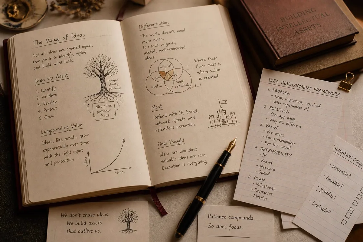 Editorial still life of an open notebook with handwritten idea sketches, annotated diagrams, and planning cards, representing ideas developed into valuable intellectual assets.