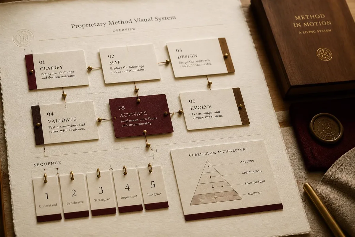 Editorial still life of an interconnected system of structured cards, sequence tiles, and a curriculum architecture diagram, representing a proprietary method developed into a repeatable framework.