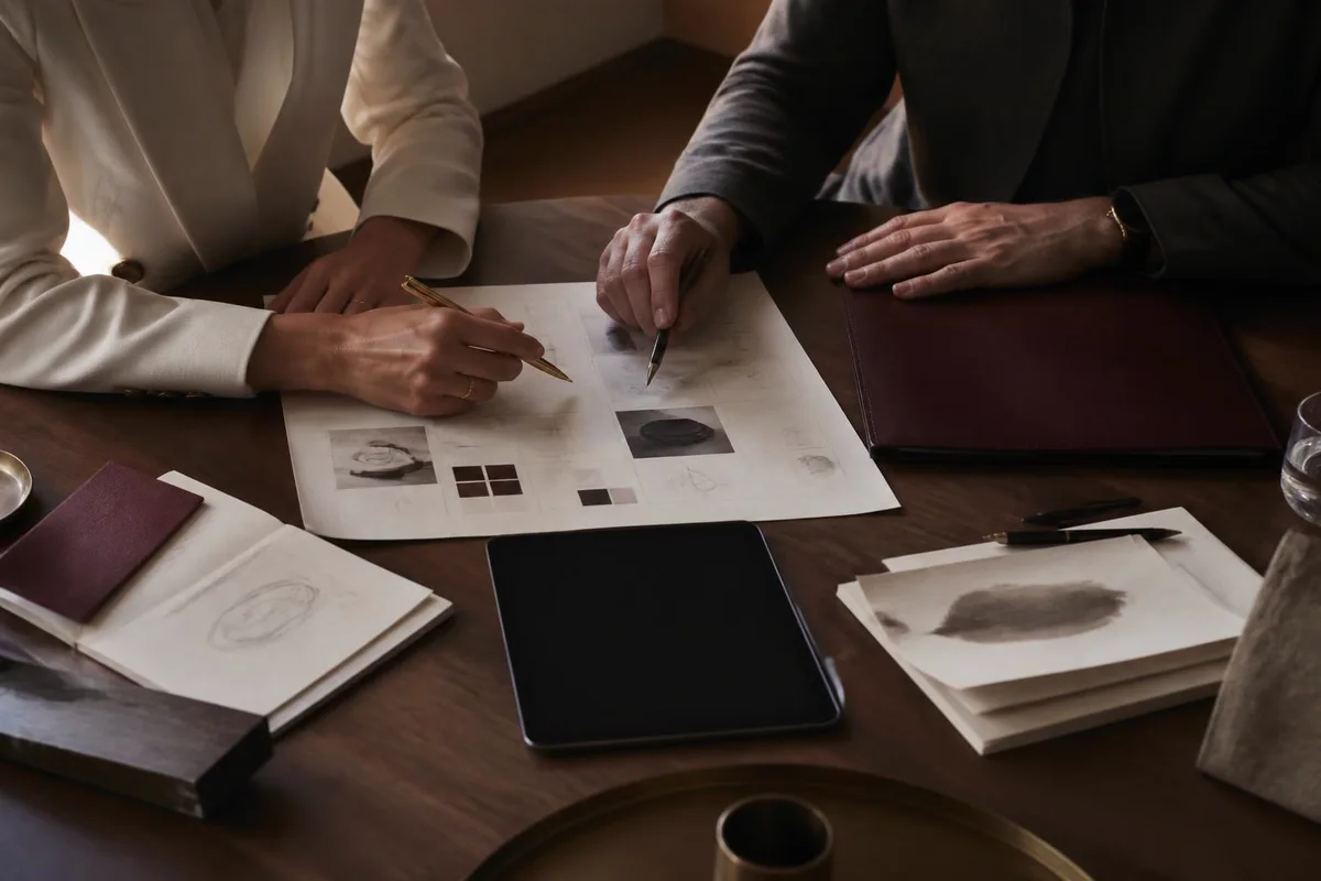 Two professionals reviewing portfolio plans and documents during an ongoing intellectual property strategy session.