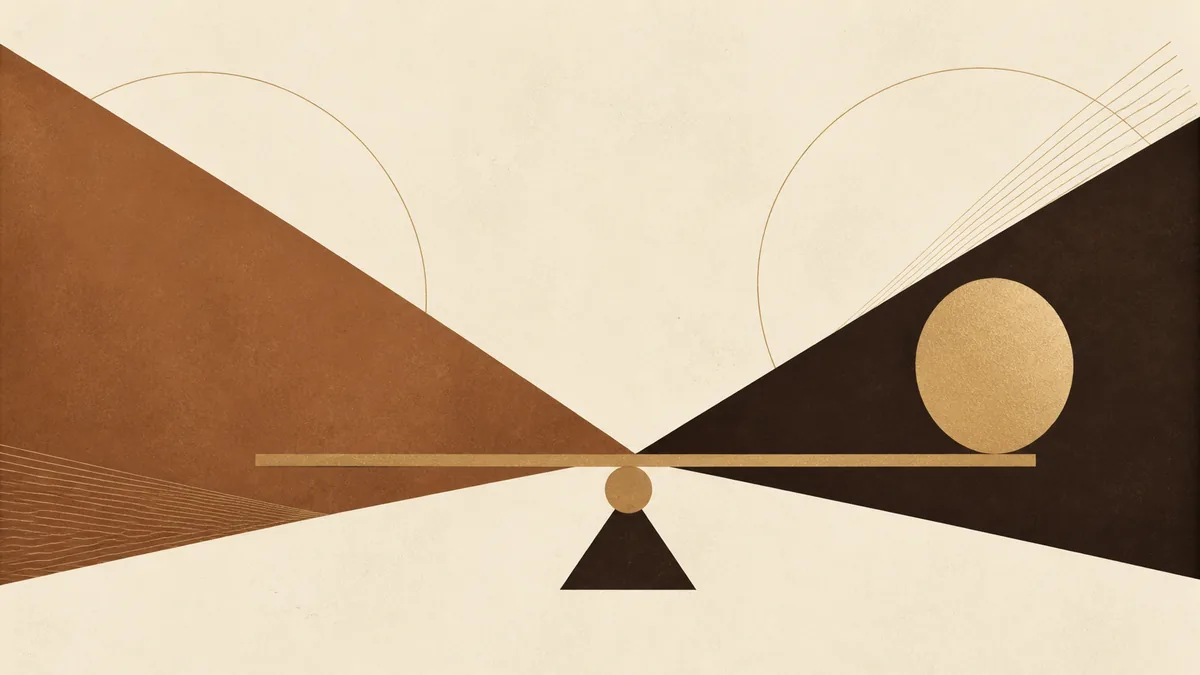 Abstract illustration of two opposing forms brought back into balance across a fulcrum, representing trademark disputes and enforcement.