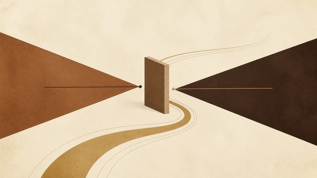 Abstract illustration of a line meeting an obstruction and continuing along a considered route, representing a strategic office action response.