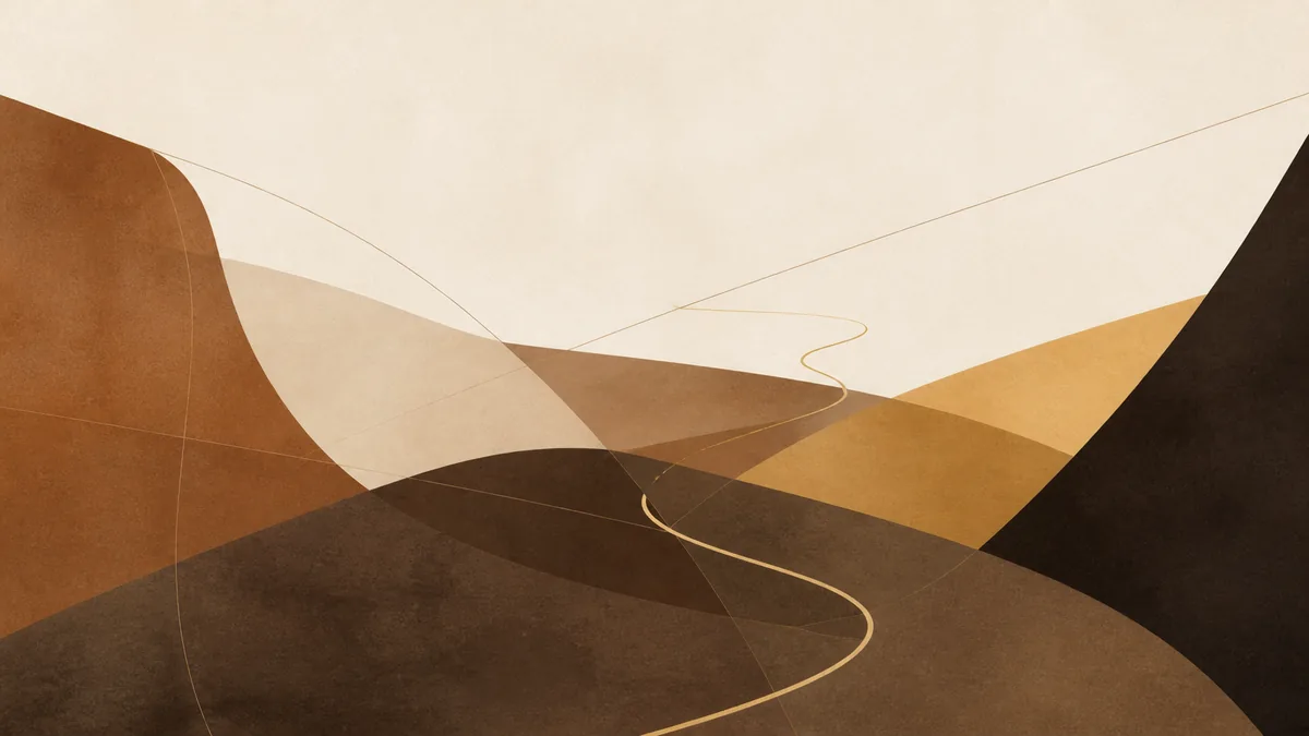 Abstract illustration of layered fields resolving into a single clear path, representing trademark clearance analysis.